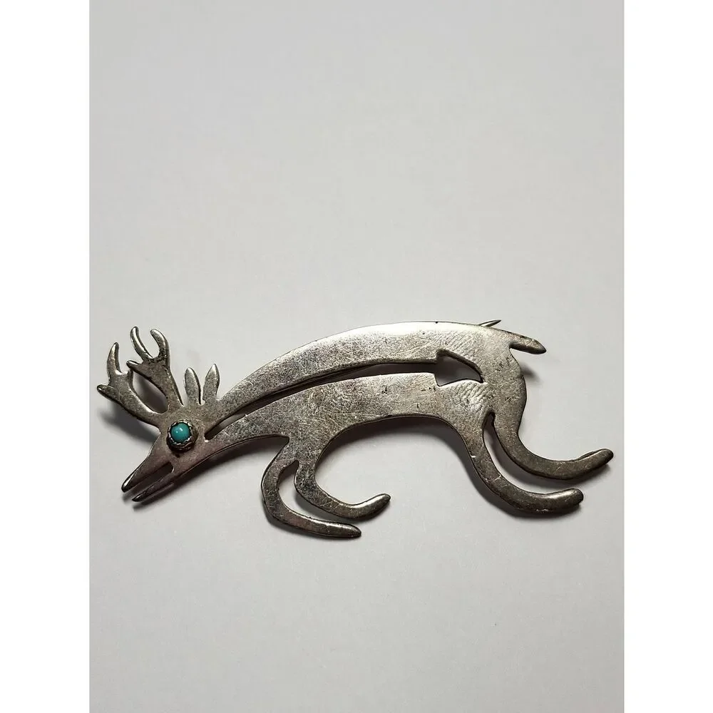 Sterling Silver Native American Artist Dee Morris Brooch Stag Deer Turquoise Eye